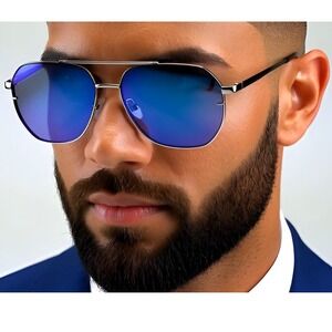 Blue Mirror Flat Lens Sunglasses Gold Frame UV400 Protection Men‎ Shades Gafas